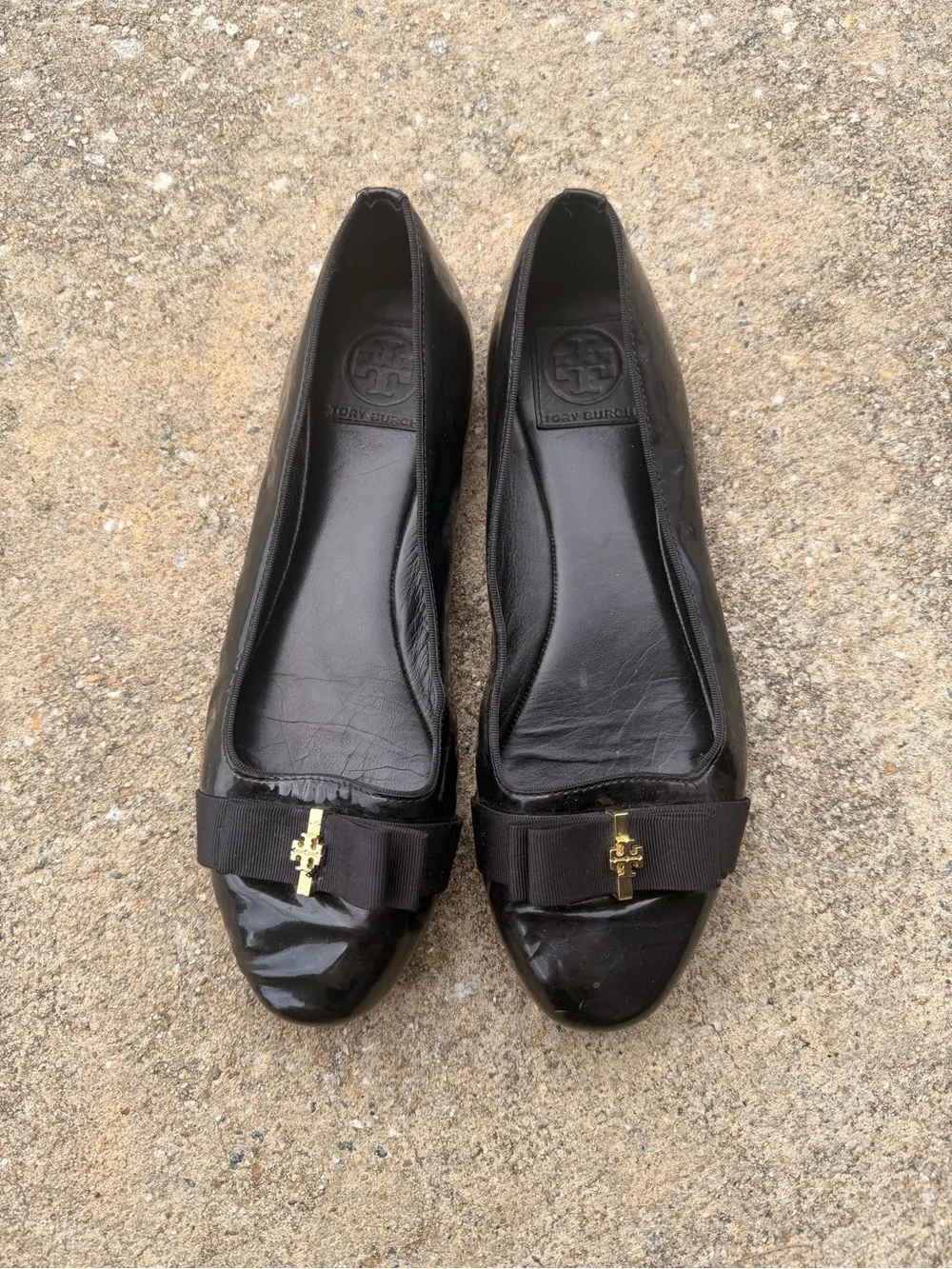 Tory Burch Black Patent Leather Bow Flats with Gold Logo